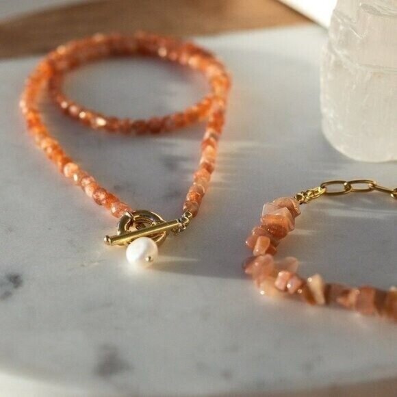 Peach Sunstone Gemstone Bead Necklace Gold Toggle Clasp Removable Baroque Pearl